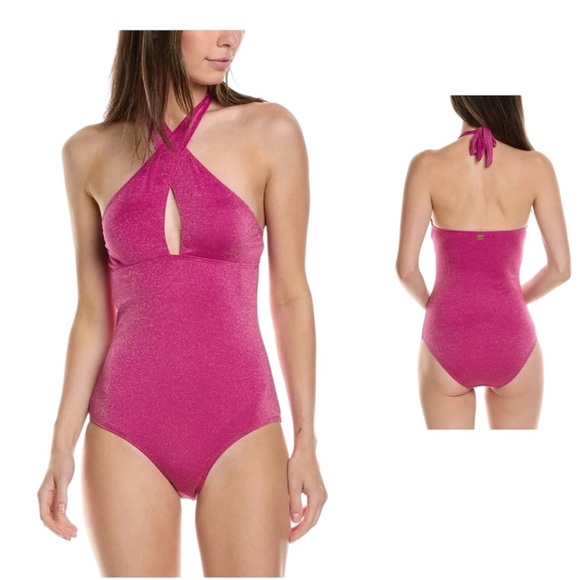 Jones New York NWT magenta pink halter one piece sexy bathing swimsuit large - Picture 1 of 16